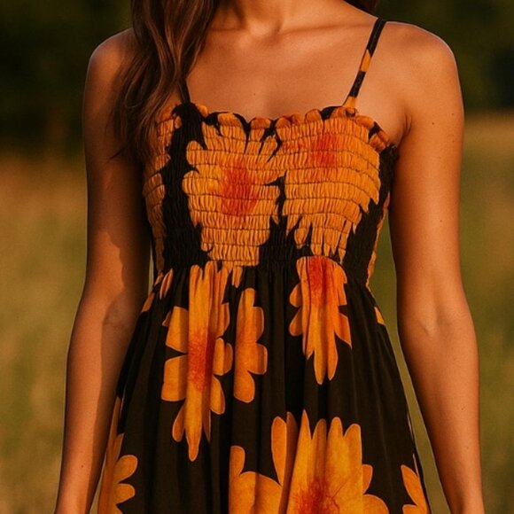 Babydoll Tank Top Small Sunflower Print Cottage Smocked Stretch Summer Hippie - Picture 1 of 7